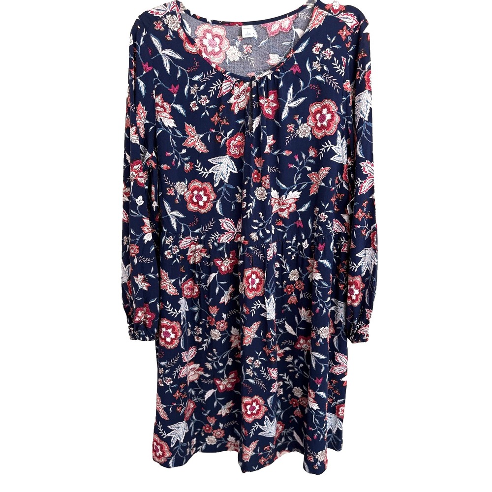 Old Navy Dress Womens L Navy Blue Long Sleeve Floral Print Boho Tiered Rayon NWT